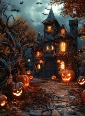 Spooky Haunted House With Pumpkins