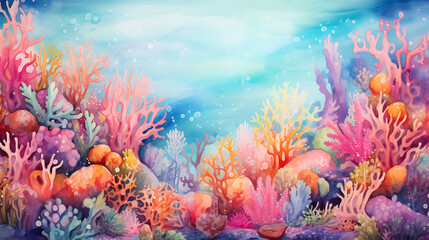 Design a watercolor background of a lively coral reef bustling with marine life