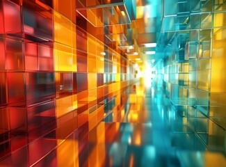 Abstract 3D rendering of a futuristic glass tunnel with bright colorful illumination