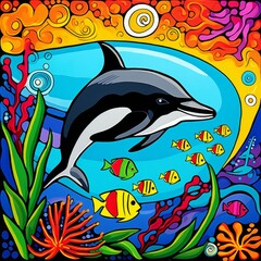 A colorful painting of a dolphin and several fish swimming in the ocean