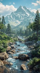 majestic mountain landscape with river flowing through valley