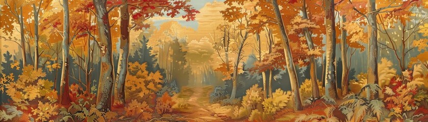 A painting of a forest with autumn leaves on the trees