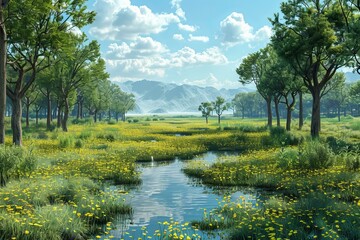 beautiful green landscape with river and yellow flowers