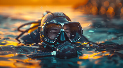 A closeup of Scuba Diving Diving gear, against Water as background, hyperrealistic sports accessory...