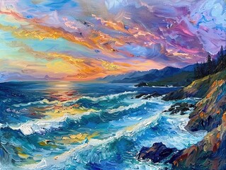 A rugged coastline at sunset, waves crashing against rocks, vibrant sky painting colors of calm, untouched beauty