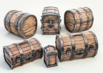 A variety of wooden barrels and chests with metal hardware - obrazy, fototapety, plakaty