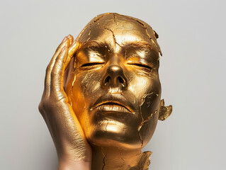 head gold sculpture art in hand.idea and insparation