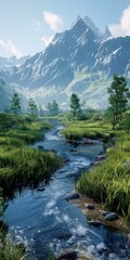 majestic mountains and river in valley with green grass field