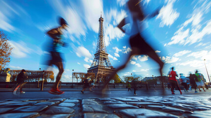 Fototapeta premium Olympic games picture concept. Motion blur of many athletes running on the city street with eiffel tower background.