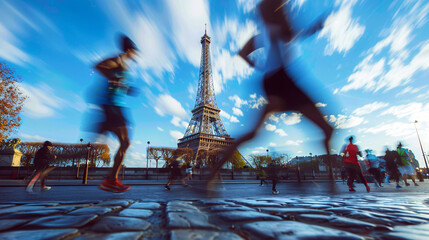 Olympic games picture concept. Motion blur of many athletes running on the city street with eiffel tower background.