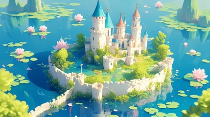 A whimsical fairy tale castle surrounded by a moat filled with floating water lilies and lotus flowers.