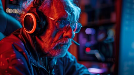 Concentrated senior man playing video games wearing a headset in a vividly lit room