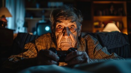 Fototapeta premium Elderly man focused on playing video games using joystick at home late at night