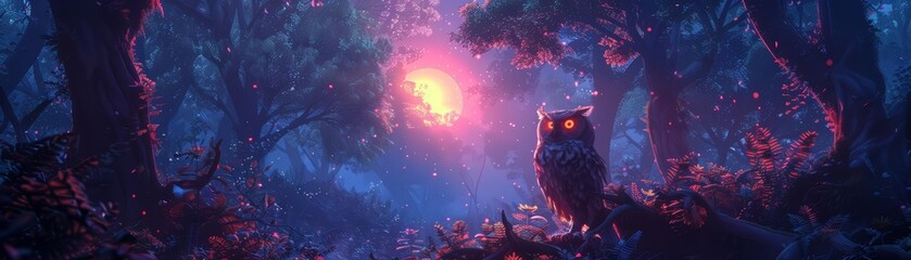 A mystical owl sits in the middle of a dense forest, its feathers glowing softly in the moonlight