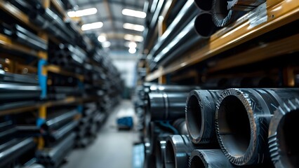 Steel pipes stored on warehouse shelf in an industrial setting for the metallurgy industry. Concept Industrial Warehousing, Steel Pipes, Metallurgy Industry, Storage Solutions, Industrial Setting