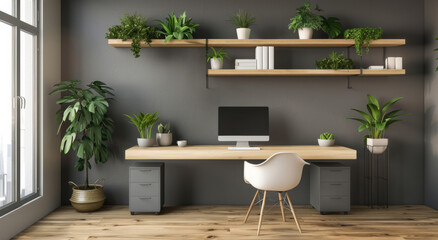 Home office, empty and modern furniture for workspace, creative aesthetic and decoration with plants. Feng shui, minimalistic and interior design for business room of freelancer or setup display