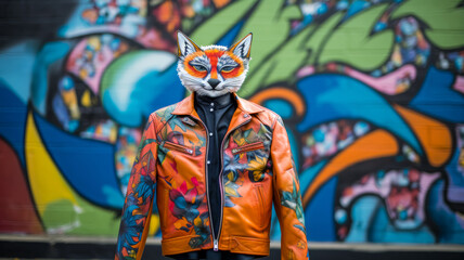 Visualize a suave fox in a leather bomber jacket, adorned with silver studs and a chain necklace.