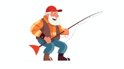 A old male fisherman catches fish and goes fishing.