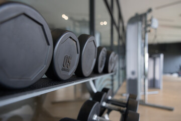 A row of black dumbbells are lined up on a rack in fitness gym.
