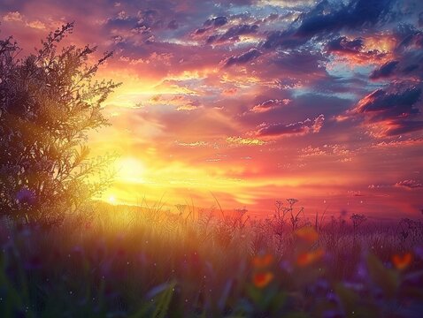 Ethereal sunset blending into tranquil nature, vibrant colors painting the sky, serene backdrop for introspection