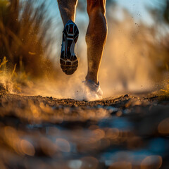 Image of Runners focus on his legs with dust and dirt in blurry background.