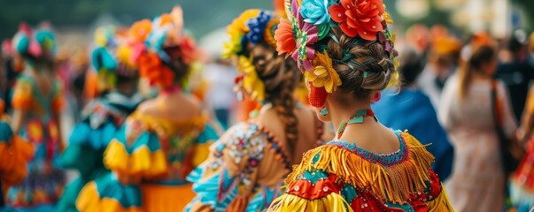 A group of women wearing colorful clothing and flowery headdresses
