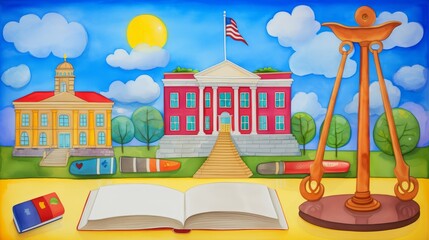 A painting of a school with a flag pole and a courthouse