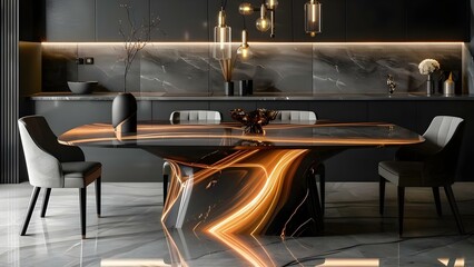 Minimalist dark grey table with gold marble and cinematic lighting mockup. Concept Dark Grey Table, Gold Marble, Cinematic Lighting, Minimalist Design, Mockup
