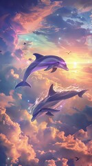 A duo of dolphins with fins like silk, leaping through clouds in a sky where the sun sets in all colors