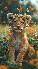 A lion cub with the mane made of butterfly wings, sitting regally in a lush meadow, 3D illustration
