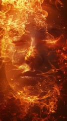 A fiery aura surrounding a stoic face, representing resilience in extreme heat, Aura theme,