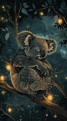 A koala with lantern eyes, perched in a tree with leaves of shimmering stars, watching over a peaceful night