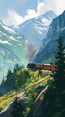 A high speed cargo train zooming through a mountainous landscape, in dynamic sketching style