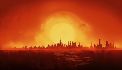 Fototapeta premium A digital painting of a city skyline at sunset
