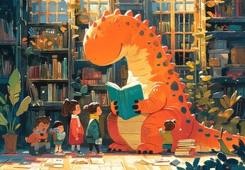 An illustration of children reading books to friendly dinosaurs, creating an imaginative and educational scene