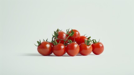 A cluster of cherry tomatoes, vibrantly red and glossy, neatly arranged in a pile on a pure white surface to enhance their fresh look