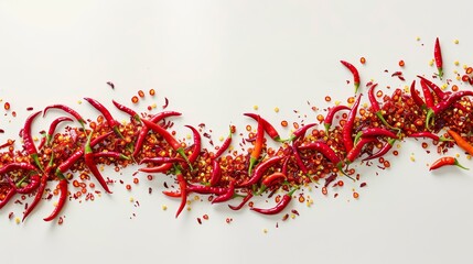 A dynamic arrangement of chili peppers forming a gentle curve, with a pristine white background enhancing their spicy characteristics