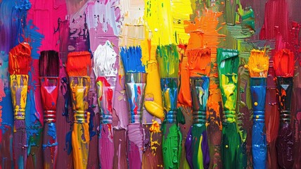 Richly colored paintbrushes on canvas