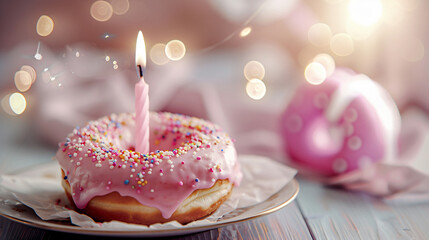 Pink Frosted Donut With Candle