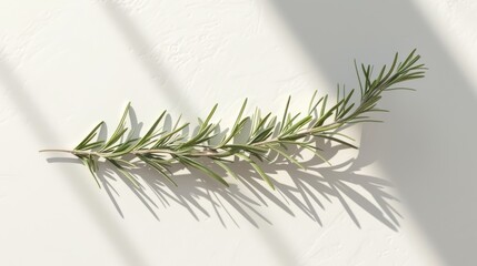 A single rosemary branch positioned diagonally across a pure white surface, highlighting its delicate structure and natural shadows