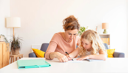 Happy young mother helping her daughter doing school homework at home - Education and childhood...