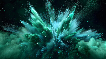 A visually captivating explosion of jade green and sapphire blue powder, resembling a precious gemstone being formed in the darkness, with sparkling particles suspended in air.