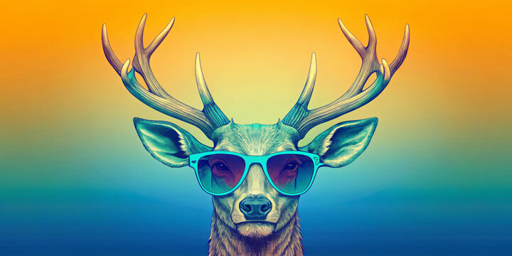 The digitally manipulated image shows a stylized deer head with prominent antlers, wearing sunglasses. The background colour gradient ranges from warm orange to cool blue.AI generated.