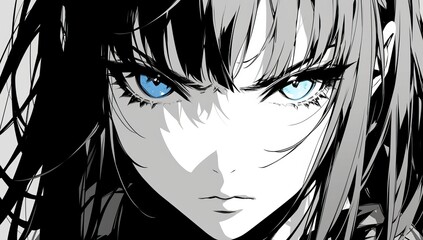 Black and white manga panel, colorized. The black and grey face of an anime woman with long hair, bangs and beautiful eyes. She is wearing eyeliner makeup. 