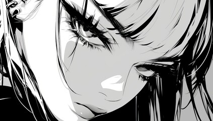 Black and white manga panel, colorized. The black and grey face of an anime woman with long hair, bangs and beautiful eyes. She is wearing eyeliner makeup. 