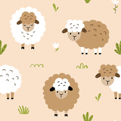 Seamless pattern with cute lamb and flowers for your fabric, children textile, apparel, nursery decoration, gift wrap paper, baby's shirt. Vector illustration