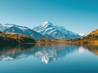 Snow-capped peaks towering over a serene alpine lake, clear blue sky above 