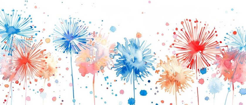 A watercolor of a festive New Years fireworks display in minimal styles, Simple detail clipart cute watercolor on white background