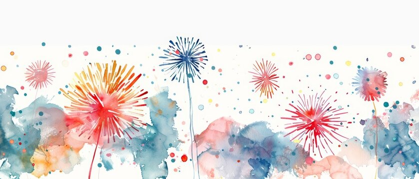 A watercolor of a festive New Years fireworks display in minimal styles, Simple detail clipart cute watercolor on white background