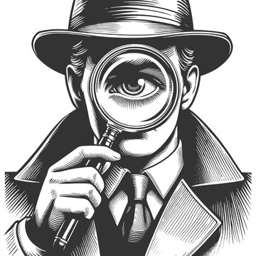 detective with a magnifying glass, focusing intently on a clue sketch engraving generative ai fictional character vector illustration. Scratch board imitation. Black and white image.